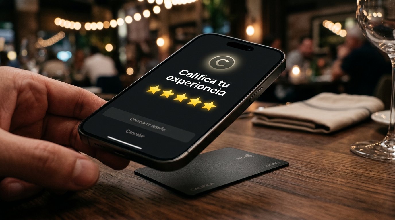 Cliente usando Smart Tag NFC en un restaurante con teléfono móvil
